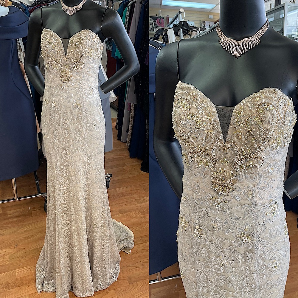 Strapless lace champagne dress with a train by Terani Couture Sizes 4 and 20